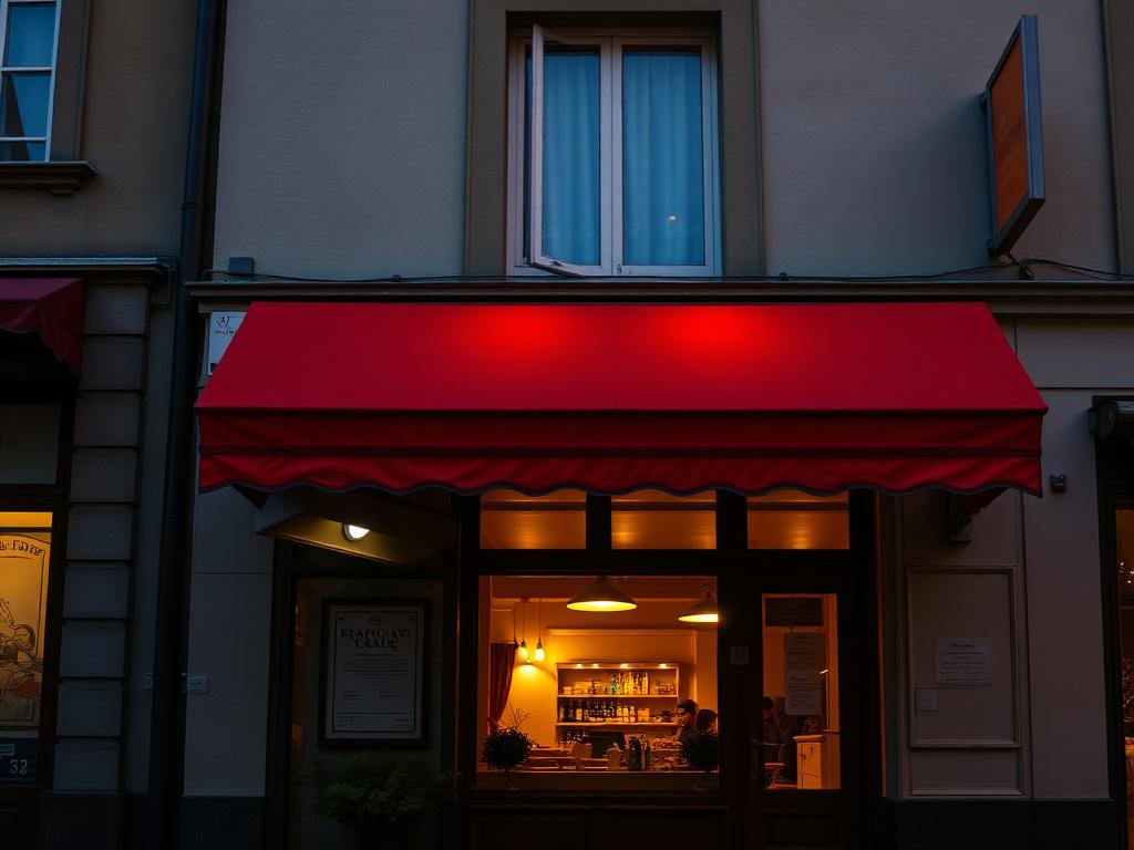 Fachada de restaurante com toldo vermelho