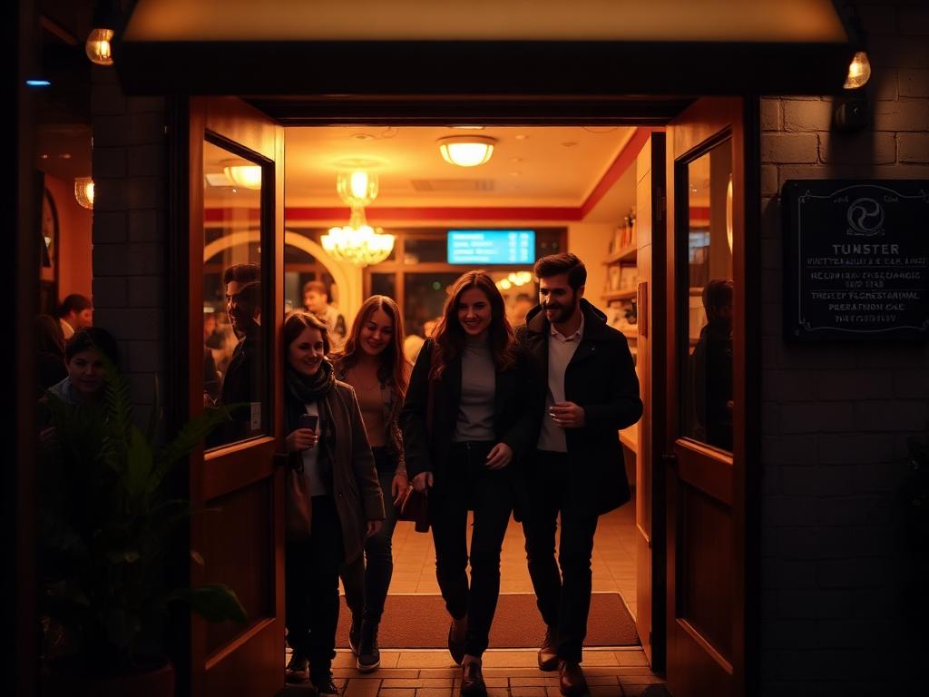 Grupo de amigos entrando num restaurante parceiro